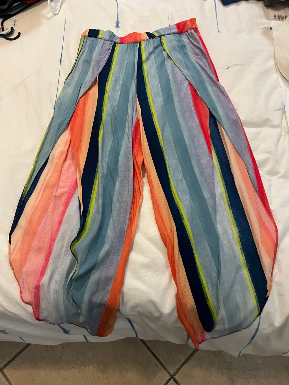 Anthropologie Neon & Pastel Striped Wide-Leg Pants with Side Slits